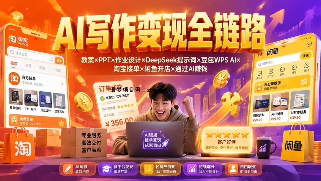 2026AI写作变现全链路:教案×PPT×作业设计×DeepSeek提示词×豆包WPS AI×淘宝接单×闲鱼开店×通过AI賺钱-逐梦项目网