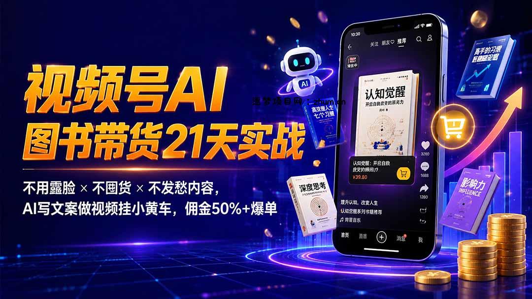 繁花视频号AI图书带货21天实战:不用露脸×不囤货×不发愁内容,AI写文案做视频挂小黄车,佣金50%+爆单-逐梦项目网