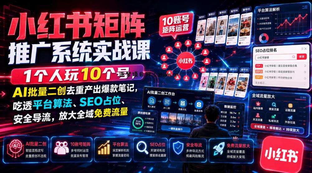小红书矩阵推广系统实战课|1个人玩10个号,AI批量二创去重产出爆款笔记,吃透平台算法、SEO占位、安全导流,放大全域免费流量-逐梦项目网
