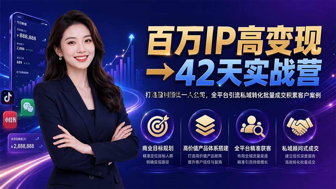 百万IP高变现→42天实战营|打造盈利赚钱一人公司,全平台引流私域转化批量成交积累客户案例-逐梦项目网