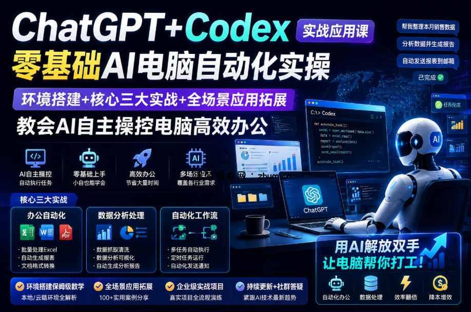 ChatGPT+Codex实战应用课|零基础AI电脑自动化实操,环境搭建+核心三大实战+全场景应用拓展,教会AI自主操控电脑高效办公-逐梦项目网
