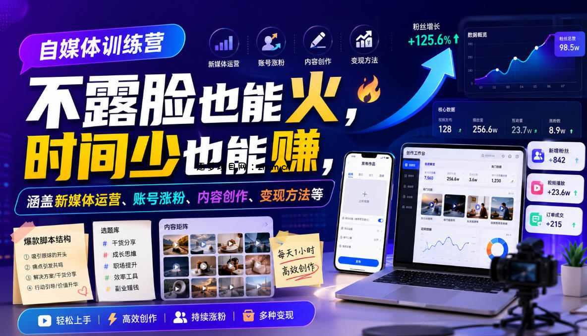自媒体训练营,不露脸也能火,时间少也能賺,涵盖新媒体运营、账号涨粉、内容创作、变现方法等-逐梦项目网