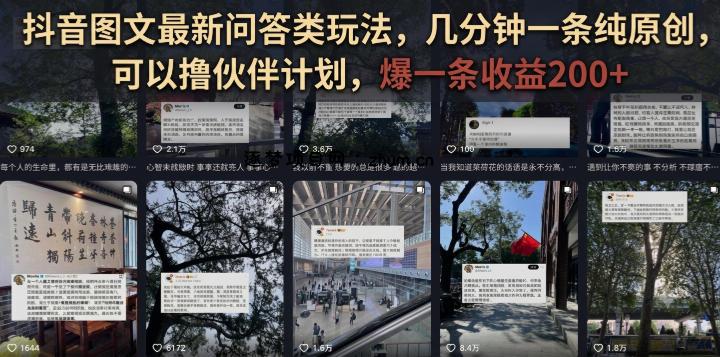 抖音图文最新问答类玩法,几分钟一条纯原创,可以撸伙伴计划,爆一条收益200+-逐梦项目网