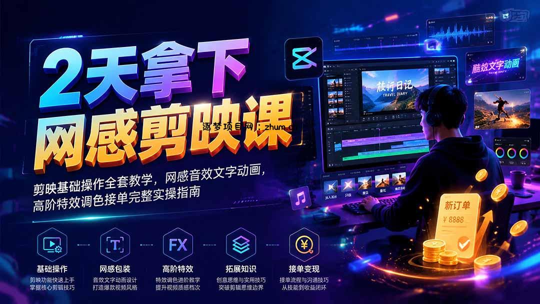2天拿下网感剪辑课|剪映基础操作全套教学,网感音效文字动画,高阶特效调色接单完整实操指南-逐梦项目网