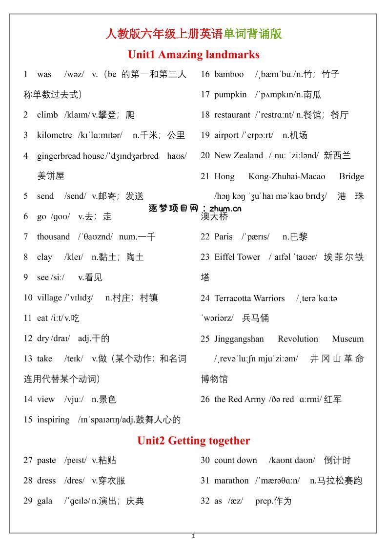 六年级上册英语单词(背诵表)-逐梦项目网