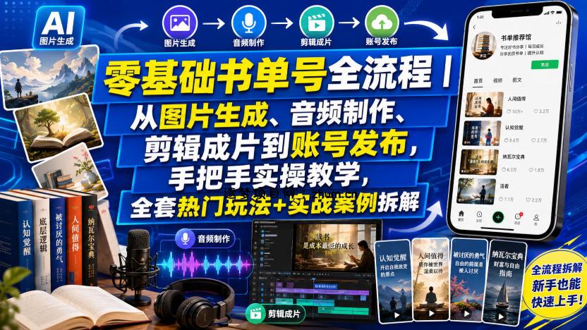 零基础书单号全流程|从图片生成、音频制作、剪辑成片到账号发布,手把手实操教学,全套热门玩法+实战案例拆解-逐梦项目网