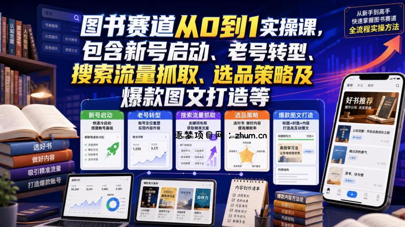 图书赛道从0到1实操课，包含新号启动、老号转型、搜索流量抓取、选品策略及爆款图文打造等-逐梦项目网