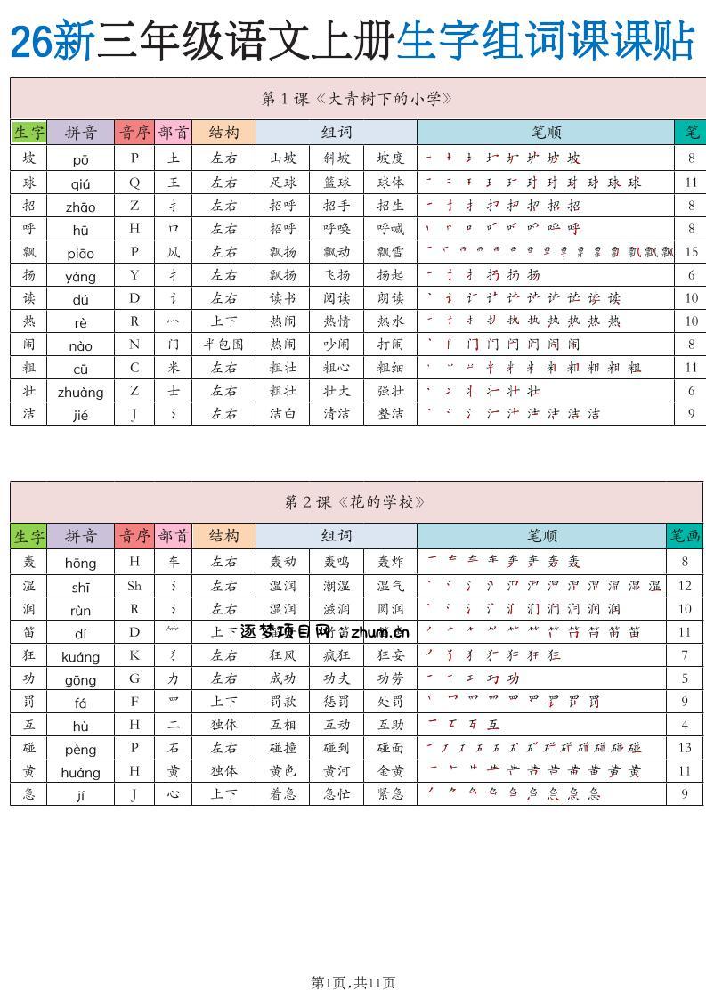 26新三上语文《生字组词课课贴》11页-逐梦项目网