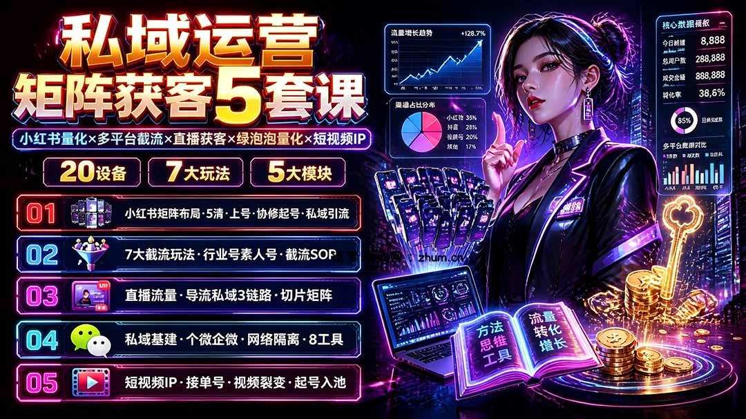 私域运营矩阵获客5套课：小红书量化×多平台截流×直播获客×绿泡泡量化×短视频IP×20设备×7大玩法-逐梦项目网
