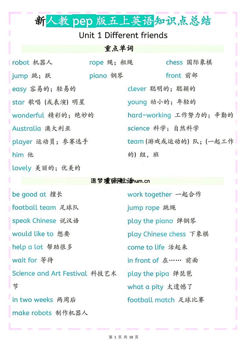 26秋新人教pep版五上英语知识点总结-逐梦项目网