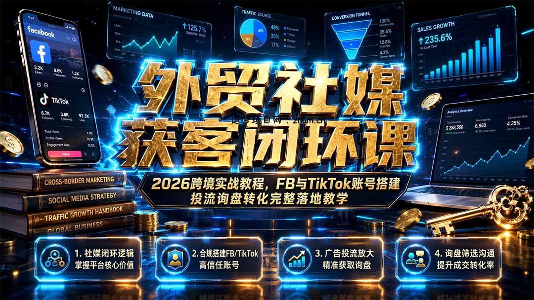 外贸社媒获客闭环课｜2026跨境实战教程，FB与TikTok账号搭建投流询盘转化完整落地教学-逐梦项目网