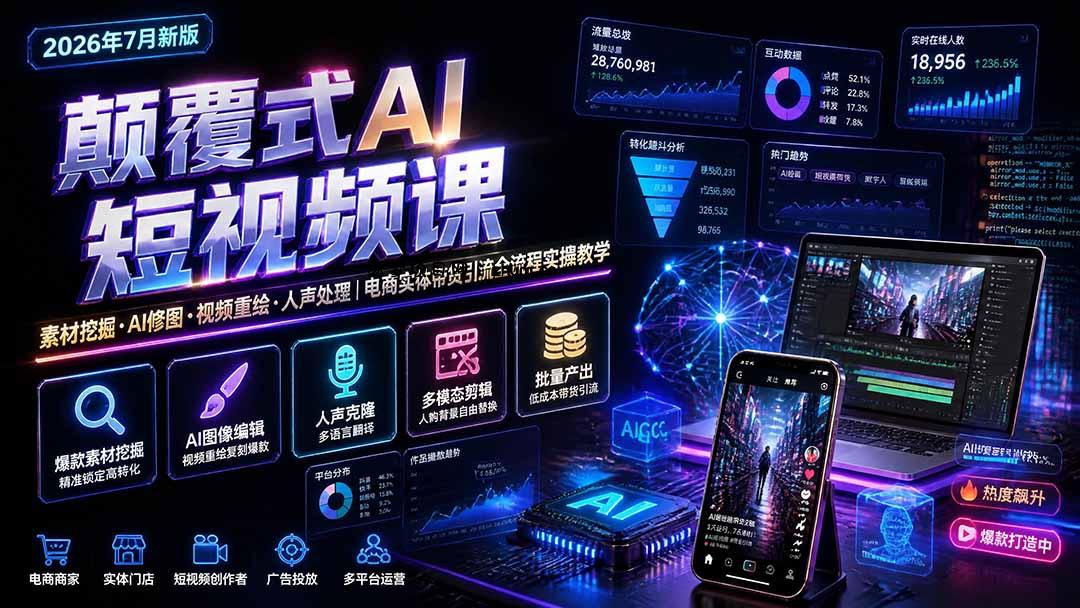 颠覆式AI短视频课|素材挖掘,AI修图,视频重绘,人声处理|电商实体带货引流全流程实操教学-逐梦项目网