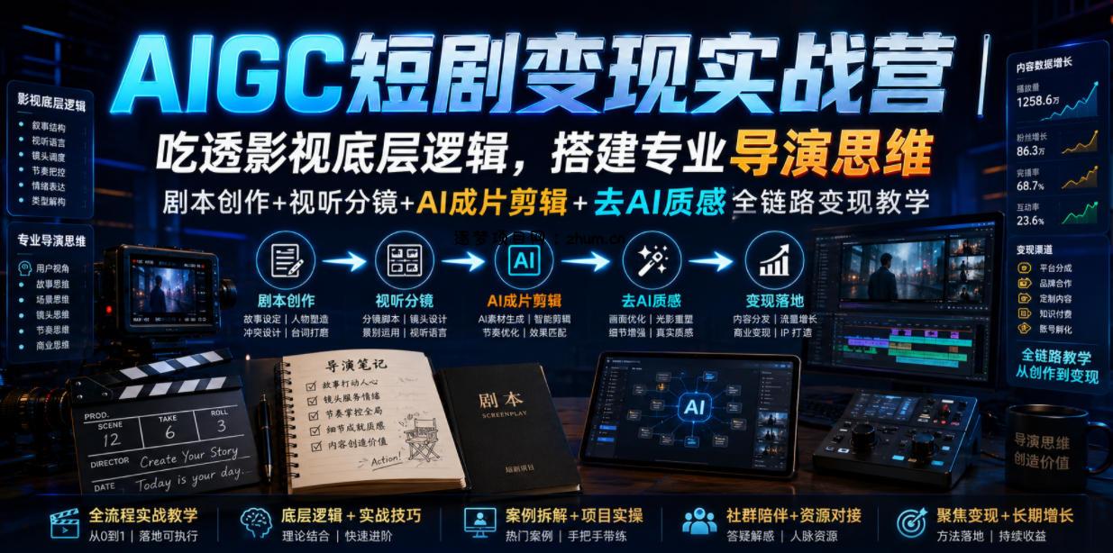 AIGC短剧变现实战营｜吃透影视底层逻辑，搭建专业导演思维，剧本创作+视听分镜+AI成片剪辑+去AI质感全链路变现教学-逐梦项目网