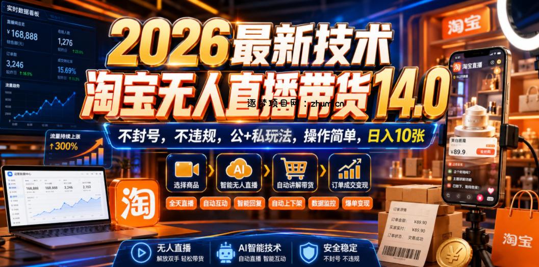 2026最新技术,淘宝无人直播带货14.0,不封号,不违规,公+私玩法,操作简单,日入10张【揭秘】-逐梦项目网