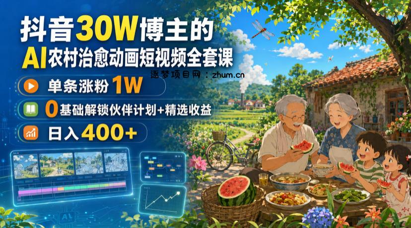 抖音30W博主的AI农村治愈动画短视频全套课｜单条涨粉1W，0基础解锁伙伴计划+精选收益，日入400+-逐梦项目网