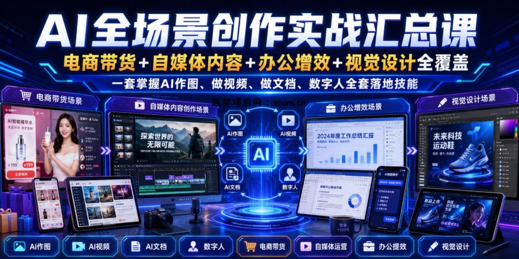 AI全场景创作实战汇总课|电商带货+自媒体内容+办公增效+视觉设计全覆盖,一套掌握AI作图、做视频、做文档、数字人全套落地技能-逐梦项目网