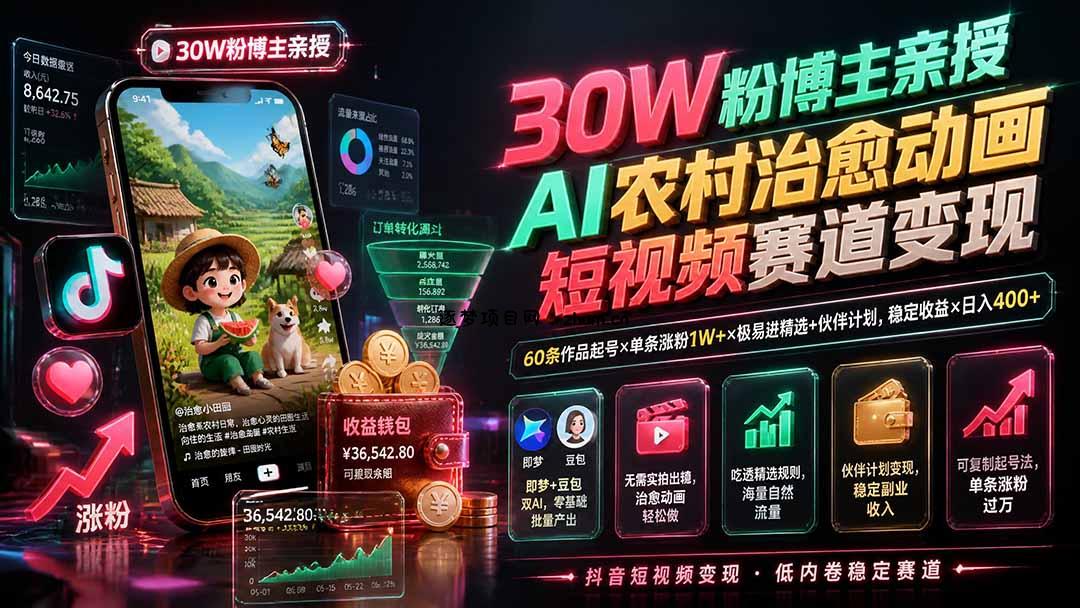 30W粉博主亲授AI农村治愈动画短视频赛道变现:60条作品起号×单条涨粉1W+×极易进精选+伙伴计划,稳定收益×日入400+-逐梦项目网