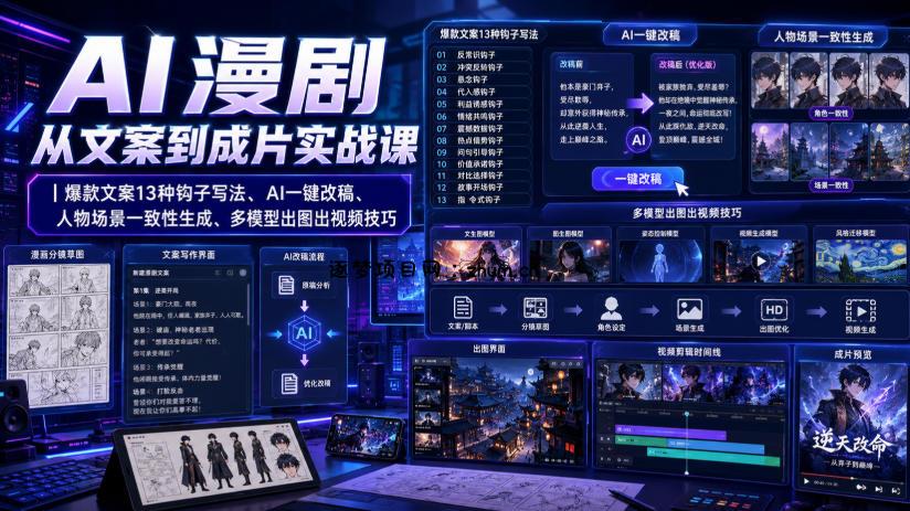 AI漫剧从文案到成片实战课｜爆款文案13种钩子写法、AI一键改稿、人物场景一致性生成、多模型出图出视频技巧-逐梦项目网