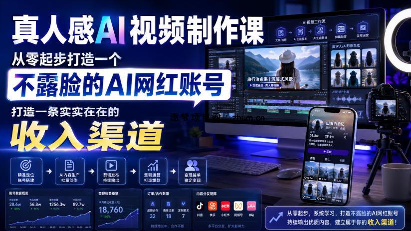 真人感AI视频制作课，从零起步打造一个不露脸的AI网红账号，打造一条实实在在的收入渠道【原创双语字幕】-逐梦项目网