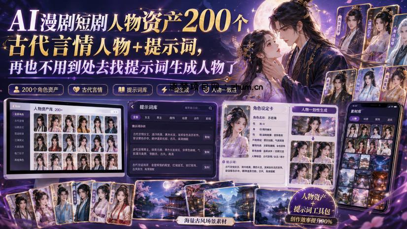 AI漫剧短剧人物资产200个古代言情人物+提示词,再也不用到处去找提示词生成人物了-逐梦项目网