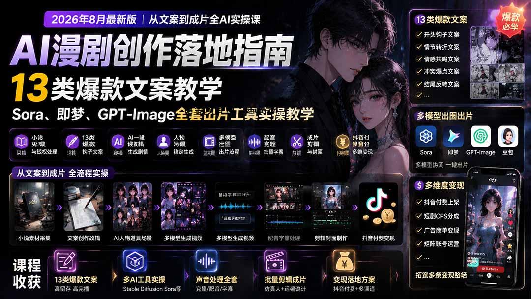 AI漫剧创作落地指南|13类爆款文案教学,Sora、即梦、GPT-Image全套出片工具实操教学-逐梦项目网
