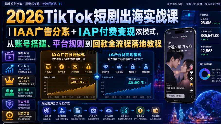 2026TikTok短剧出海实战课|IAA广告分账+IAP付费变现双模式,从账号搭建、平台规则到回款全流程落地教程