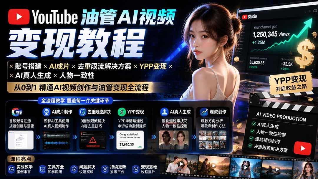 YouTube油管AI视频变现教程：账号搭建×AI成片×去重限流解决方案×YPP变现×AI真人生成×人物一致性-逐梦项目网