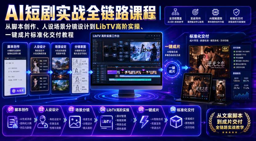 AI短剧实战全链路课程|从脚本创作、人设场景分镜设计到LibTV高阶实操、一键成片标准化交付教程-逐梦项目网