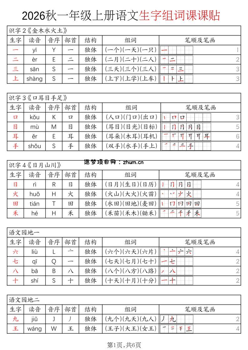2026秋一年级上册语文生字组词课课贴-逐梦项目网