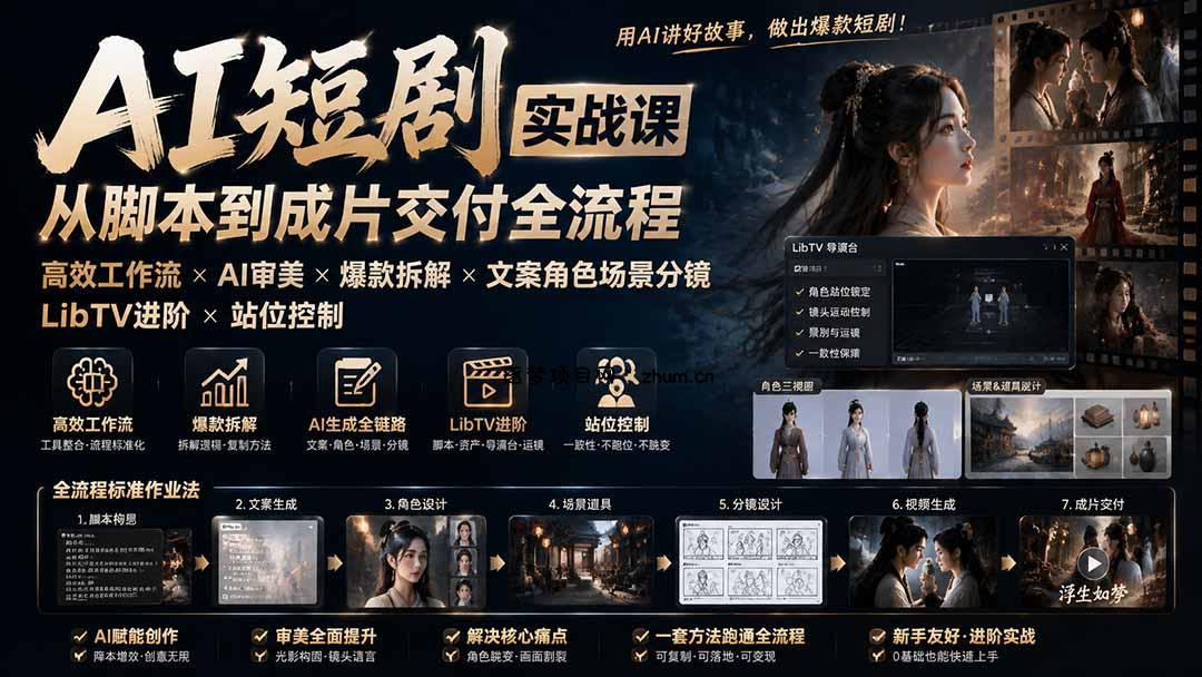 AI短剧实战课:高效工作流×AI审美×爆款拆解×文案角色场景分镜×LibTV进阶×站位控制×从脚本到成片交付全流程-逐梦项目网