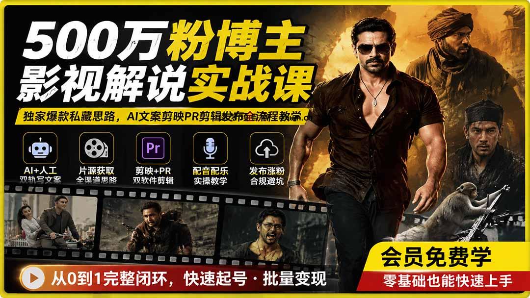 500万粉博主影视解说实战课|独家爆款私藏思路,AI文案剪映PR剪辑发布全流程教学-逐梦项目网