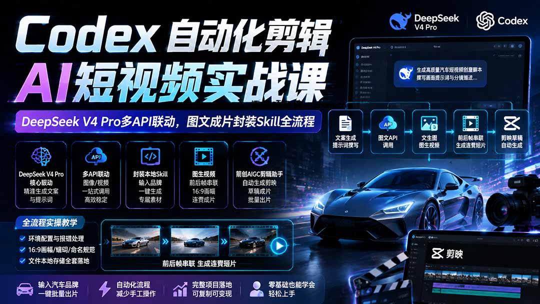 Codex自动化剪辑AI短视频实战课|DeepSeek V4 Pro多API联动,图文成片封装Skill全流程-逐梦项目网