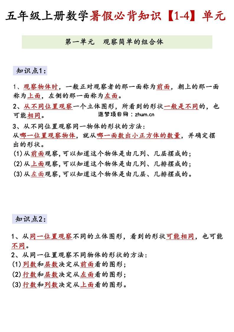 26新五上数学【1-4】单元必背知识《人教版》-逐梦项目网